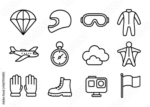 Skydiving Icon Set. Outline icon set of skydiving: parachute, helmet, goggles, jumpsuit, plane, altimeter,