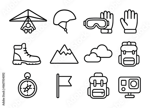 Hang Gliding Icons. Outline icon set of hang gliding: glider, helmet, goggles, gloves, boots, mountain, clouds