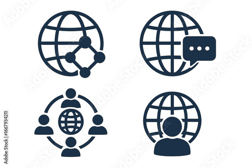 Global communication icon set. Network, connection, and social media vector icons. Business solutions symbols for web and mobile. Worldwide community and teamwork concept.