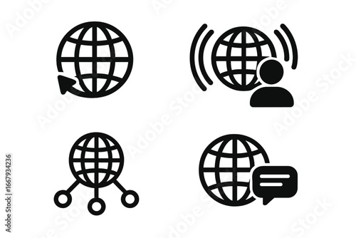 Global communication silhouette icon set. Connectivity, network, technology symbols. Internet connection, data exchange, worldwide web, social media. Vector icons collection.