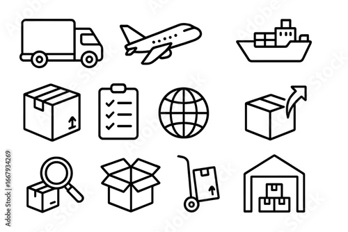 Logistics and shipping icon set. Vector outline icons for transportation and delivery service. Cargo, freight, and supply chain concept. Includes truck, plane, ship, box, and warehouse.