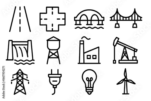 Infrastructure and energy line icon set. Road, bridge, power plant, dam, factory and transport linear icons. Vector collection of electricity, oil, and renewable resources symbols.