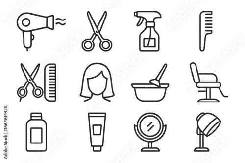 Hair salon and barbershop linear icon set. Hairdresser tools, equipment, and accessories in outline style. Vector illustration for beauty, haircut, and styling concepts.