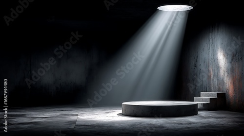 Elegant minimalist stage featuring a bright spotlight, wide empty space with a dark background ideal for creating promotional material, presentation slides, or creative event design concepts.