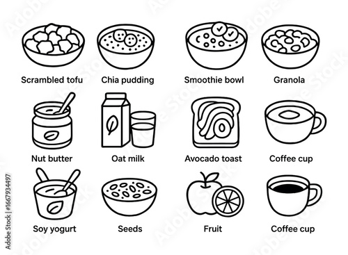Protein Breakfast Icons. Outline icon set of protein-rich breakfast: scrambled tofu, chia pudding, smoothie