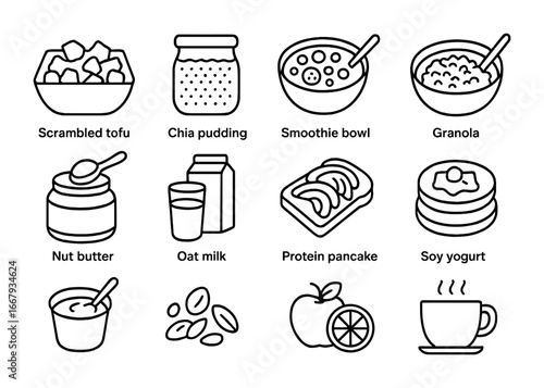 Protein Breakfast Icons. Outline icon set of protein-rich breakfast: scrambled tofu, chia pudding, smoothie