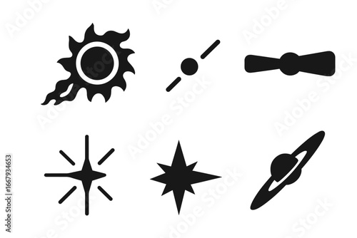 Astronomy icon set. Space symbols. Solar flare, cosmic ray, pulsar, quasar jet, starburst, celestial body. Black vector glyphs. Planet with rings, galaxy, universe concept.