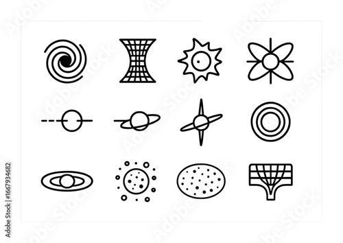 Cosmic Phenomena Icons. Outline icon set of cosmic phenomena: black hole, wormhole, supernova, neutron star,