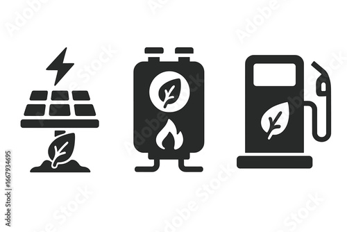 Bioenergy icon set. Solid glyph icons of renewable energy. Sustainable power, electricity generation from biomass, heating system, and vehicle biofuel. Green energy vector illustration.