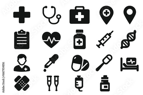 Healthcare medical solid icon set. Hospital tools, equipment collection. Vector glyph symbols for clinic, doctor, pharmacy, first aid, emergency. Medicine pictograms.