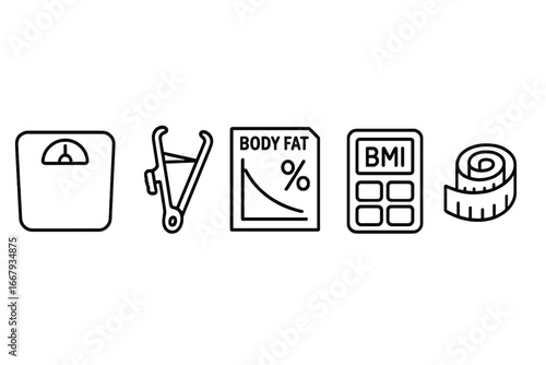 Body metrics icons. Outline icon set for body composition. Scale, caliper, body fat chart, BMI calculator, tape measure. Vector for health, diet, fitness, weight loss.