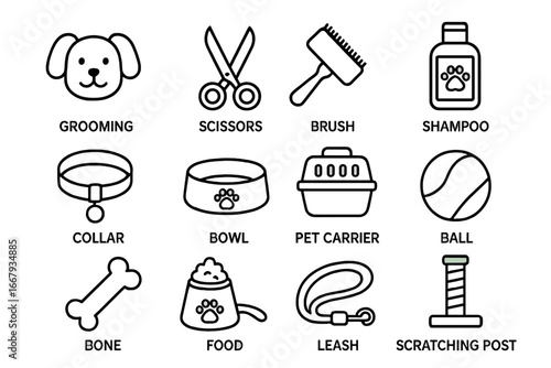 Pet care outline icon set, grooming accessories collection, vector cartoon illustration with transparent background, modern line art design, ordered set of pet essentials