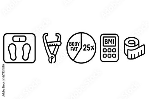 Body metrics outline icon set. Vector icons for body composition analysis, weight management, fitness and diet. Scale, caliper, BMI calculator, tape measure, body fat chart.
