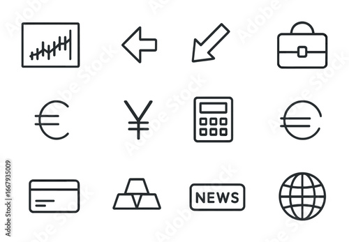 Financial News Icons. Outline icon set of financial news: stock chart, upward arrow, downward arrow, dollar