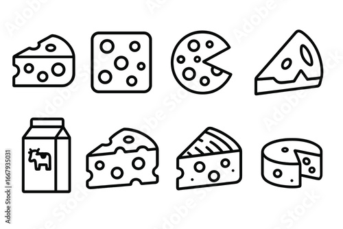 Cheese icon set. Dairy food icons outline collection. Vector cartoon illustration of different cheese types, milk, appetizer, gourmet snack. Simple line art for design.