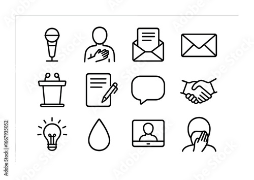 Public Apology Icons. Outline icon set of public apology: microphone, hand over heart, open letter, envelope,
