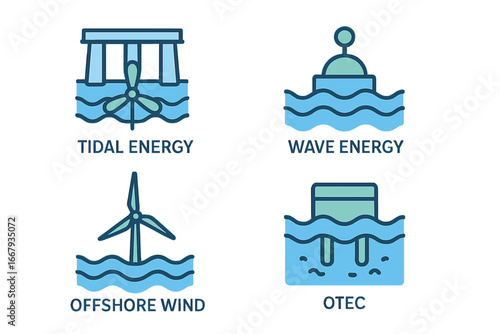 Renewable energy icons illustrating sustainable marine and offshore wind power technologies with tidal, wave energy, and OTEC systems in flat vector cartoon style on transparent background
