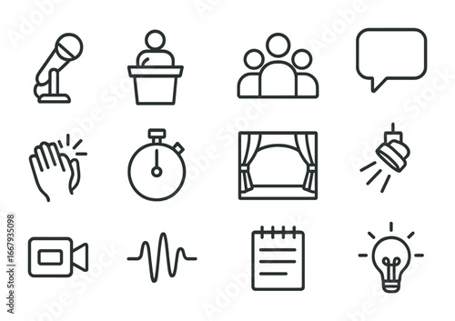 Public Speaking Icons. Outline icon set of public speaking: microphone, podium, audience, speech bubble, clap