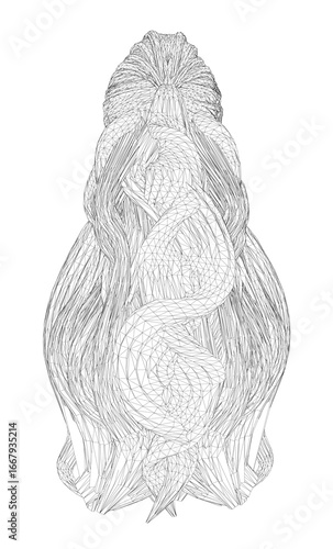 A female wireframe with long flowing hair, sketched in black and white with intricate details and shading against a clean white background.