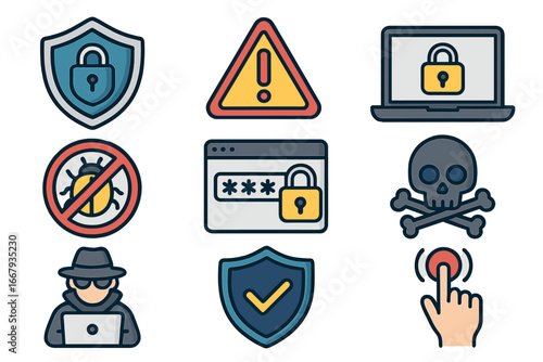 Security icons depicting digital protection, cybersecurity threats, safe practices, hacker warning, password safety, antivirus shield, malware defense, and secure online access vector illustration