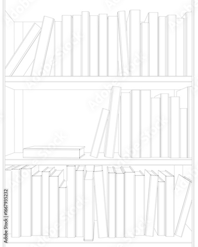 Black and white wireframe bookshelf illustration with neatly arranged volumes, suggesting an organized library collection.