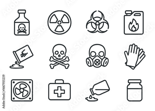 Toxic Substances Icons. Outline icon set of toxic substances: chemical bottle, radioactive symbol, biohazard