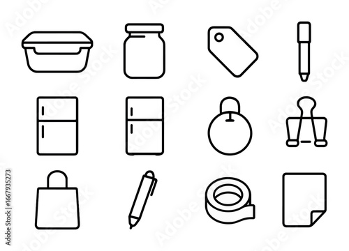 Eco-Friendly Storage Icons. Outline icon set of eco-friendly storage: reusable container, glass jar, label,