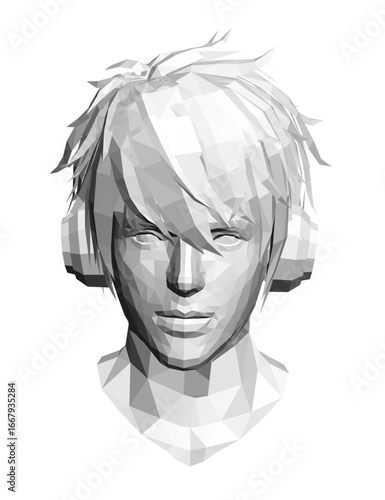Polygonal portrait of a white-haired man wearing headphones, composed of colorful geometric shapes against a clean white background.