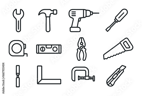 Home Tool Icons. Outline icon set of home improvement tools: wrench, hammer, drill, screwdriver, tape measure,
