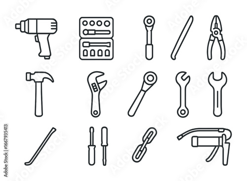 Heavy Machinery Tools Icons. Outline icon set of heavy machinery tools: impact wrench, socket set, torque