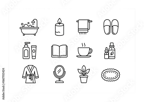 Self-Care Icon Set. Outline icon set of self-care moments: bath tub, candle, towel, slippers, skincare