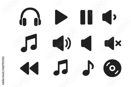 Music player glyph icon set. Multimedia audio playback symbols. Solid vector illustration. Play, pause, volume up, down, mute, rewind button. Headphones, note, CD signs.