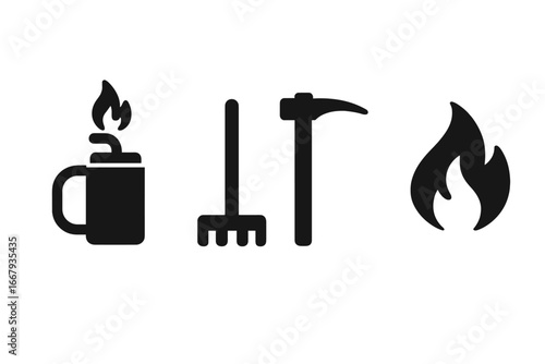 Controlled burn and wildfire prevention equipment icon set. Vector illustration of firefighting tools including drip torch, fire rake, and Pulaski tool for forest management.
