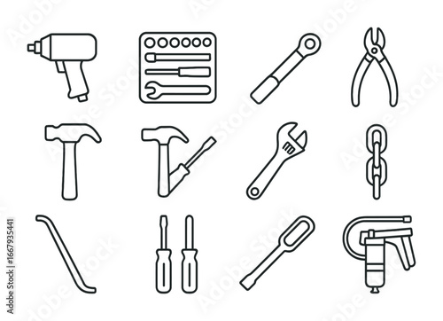 Heavy Machinery Tools Icons. Outline icon set of heavy machinery tools: impact wrench, socket set, torque
