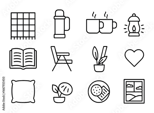 Cozy Outdoor Icon Set. Outline icon set of cozy outdoor moments: picnic blanket, thermos, mugs, book, chair,