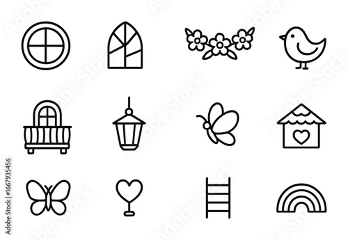 Whimsical Playhouse Icons. Outline icon set of whimsical playhouse: circular window, stained glass, flower