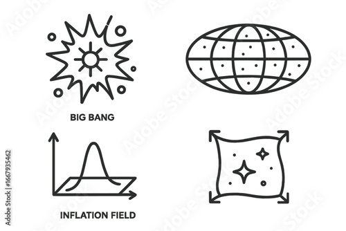 Cosmology and astronomy line icon set. Collection of science symbols for astrophysics and space exploration. Big Bang, galaxy, black hole, solar system, rocket vector.