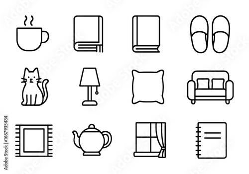 Cozy Weekend Icons. Outline icon set of relaxing weekend: coffee cup, blanket, book, slippers, cat, lamp,
