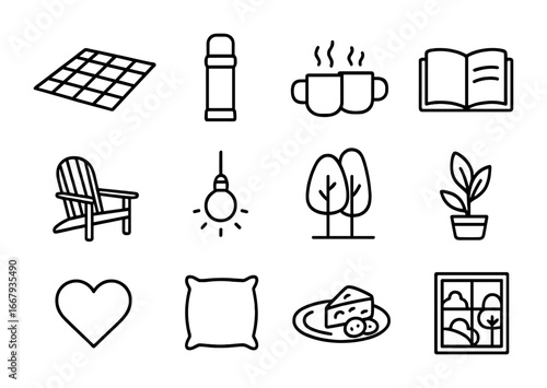 Cozy Outdoor Icon Set. Outline icon set of cozy outdoor moments: picnic blanket, thermos, mugs, book, chair,