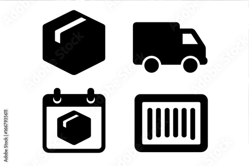 Delivery icons set for logistics and shipping. Solid glyph symbols for e-commerce. Includes package, truck, due date calendar, and barcode. Vector for web and app design.