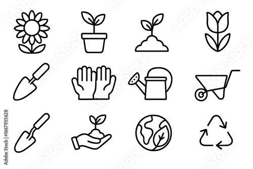 Nature and gardening line icon collection. Floral, sustainability, and Earth Day vector symbols. Plant care, ecology, and growth concept with tools, flower, sprout, and globe.