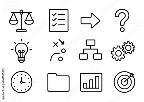 Decision Icons Grid. Outline icon set of decision making process: scale, checklist, arrow, question mark,