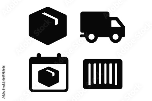 Shipping and delivery solid glyph icon set. Logistics and e-commerce symbols. Includes package, freight truck, shipping date calendar, and order tracking barcode vector.
