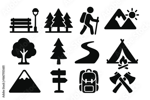 Nature and outdoor silhouette icon set. Park, forest, hiking and adventure symbols. Camping, mountain, travel and tourism vector icons. Trekking equipment cartoon graphic.