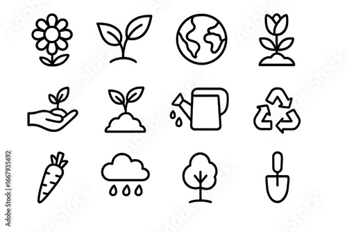 Nature and gardening outline icon set. Ecology, sustainability, and environment concepts. Vector line art collection of floral, plant growth, earth, and recycling symbols.
