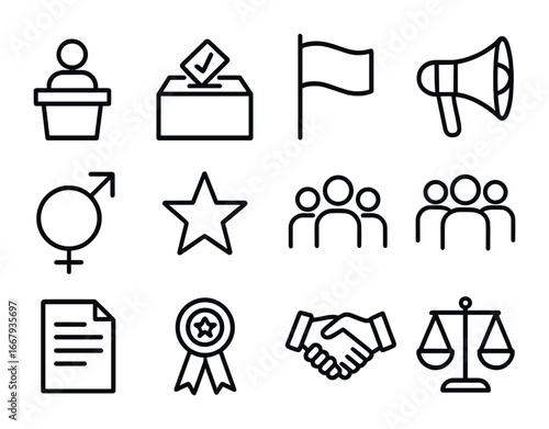 Political Empowerment Icons. Outline icon set of political empowerment: podium, ballot box, flag, megaphone,
