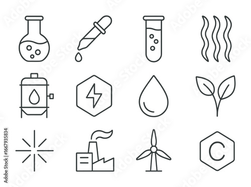 Eco Fuel Icons Set. Outline icon set of eco-friendly fuel production: flask, pipette, test tube, algae,