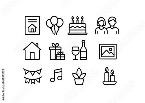 Housewarming Icons Set. Outline icon set of housewarming party: invitation card, balloons, cake, couple, house