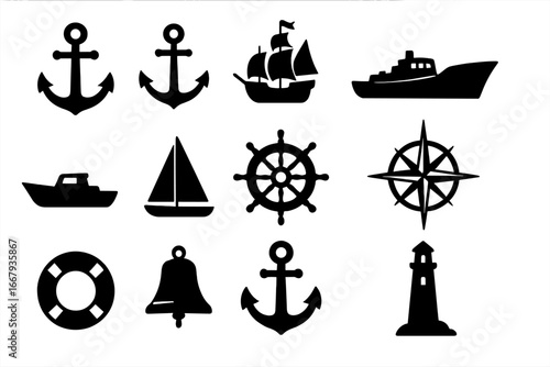 Nautical marine icon set. Vector silhouette collection of sea and ocean symbols. Anchor, ship, boat, lighthouse, compass rose, helm, lifebuoy, and bell for maritime design.