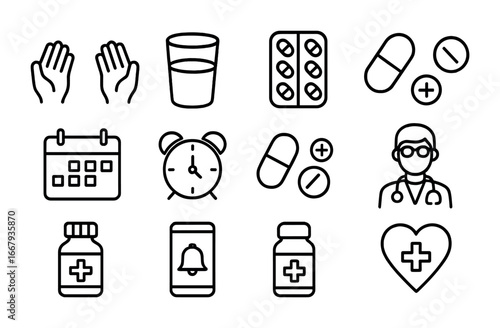 Pill Routine Icons. Outline icon set of pill-taking routine: hands, glass of water, blister pack, capsule,
